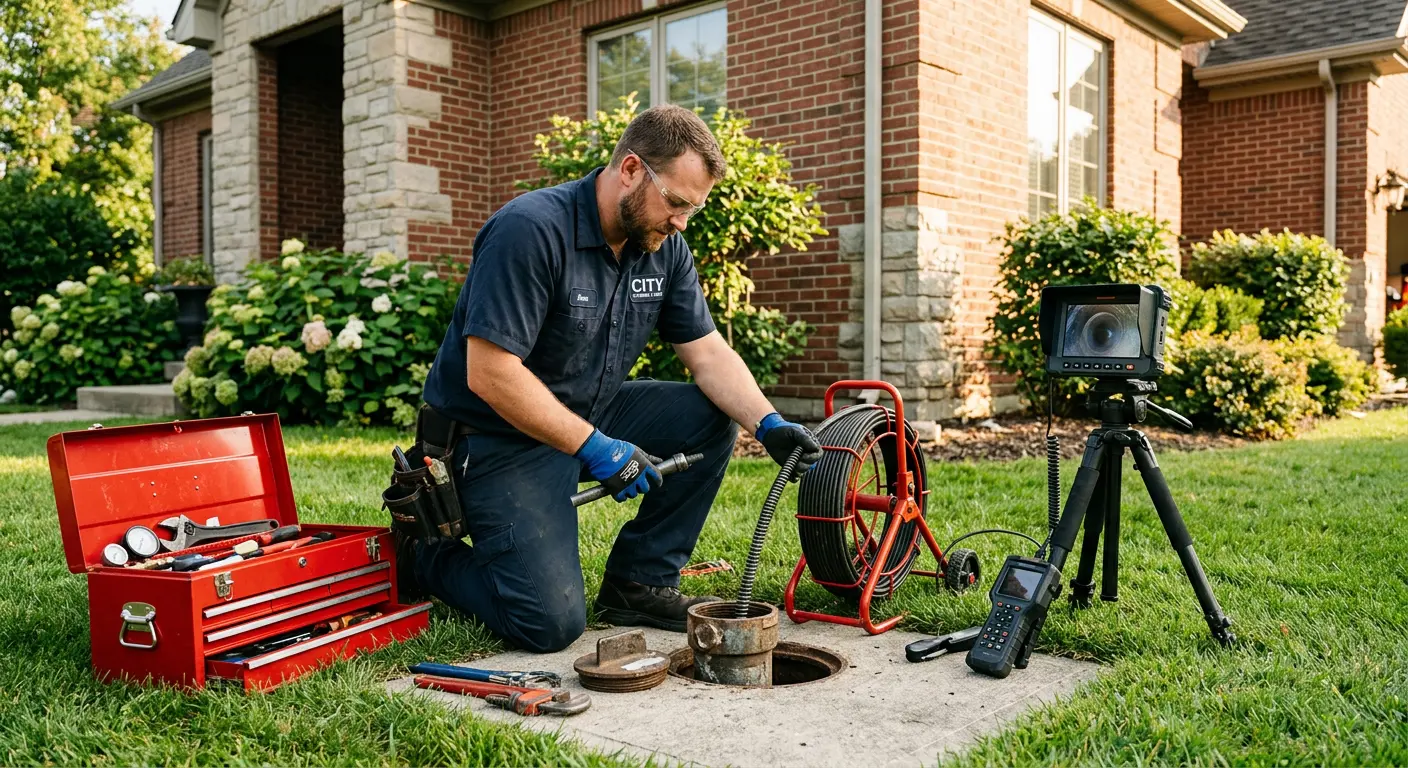 Sewer specialist with camera equipment servicing a cleanout in Hebron