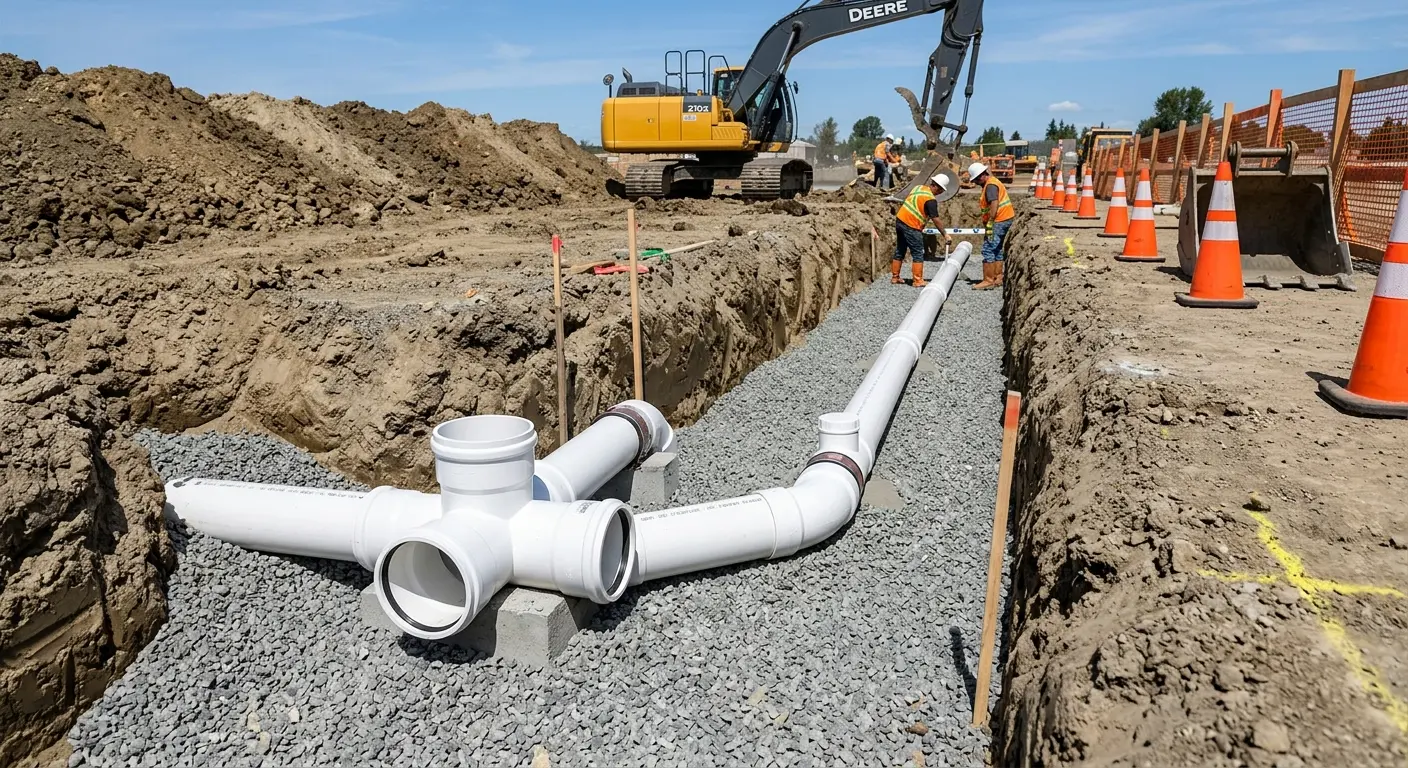 New PVC sewer pipe installation in open trench for Sewer Backup in Hebron
