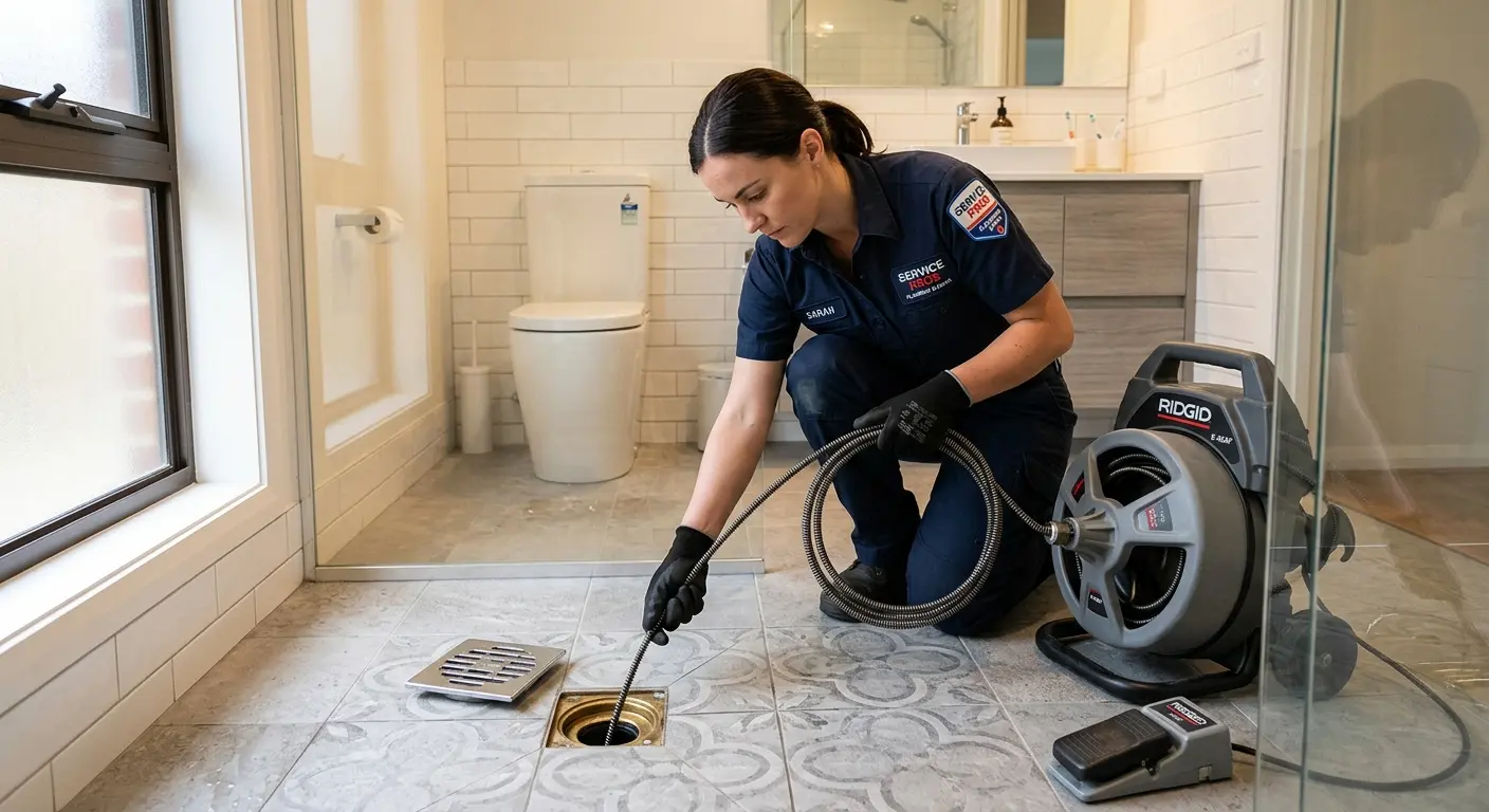 Technician clearing a bathroom floor drain for Sewer Line Replacement in Hebron